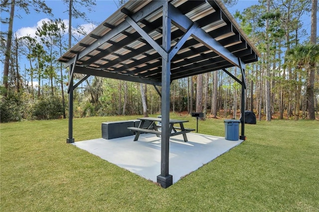 view of community with a yard and a patio area