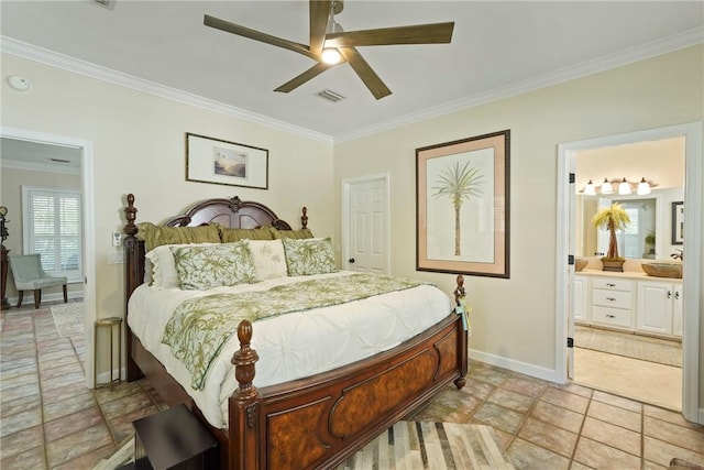 219 Abbott Ln, Saint Simons Island, GA 31522 - bedroom featuring ornamental molding, ceiling fan, and ensuite bathroom