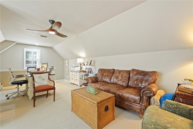 219 Abbott Ln, Saint Simons Island, GA 31522 - living room with light colored carpet, lofted ceiling, and ceiling fan