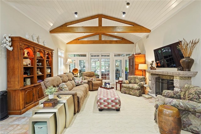 219 Abbott Ln, Saint Simons Island, GA 31522 - living room featuring a fireplace and high vaulted ceiling