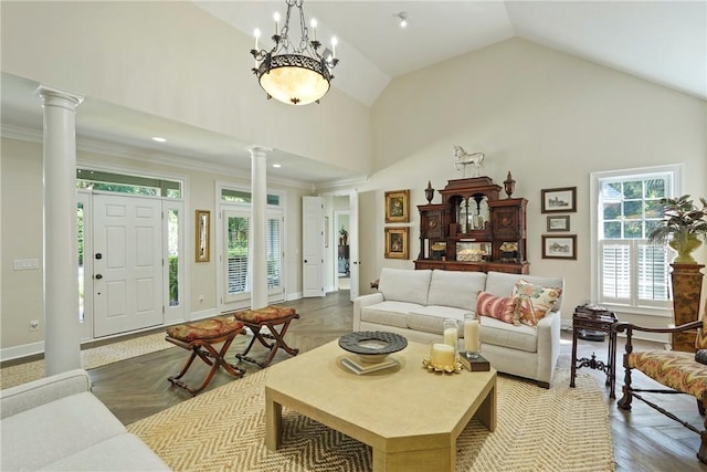 219 Abbott Ln, Saint Simons Island, GA 31522 - living area featuring ornate columns, high vaulted ceiling, and crown molding