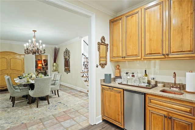 219 Abbott Ln, Saint Simons Island, GA 31522 - kitchen featuring fridge, a chandelier, brown cabinetry, ornamental molding, and hanging light fixtures