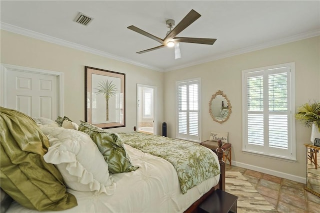 219 Abbott Ln, Saint Simons Island, GA 31522 - bedroom with ornamental molding, a ceiling fan, and ensuite bath