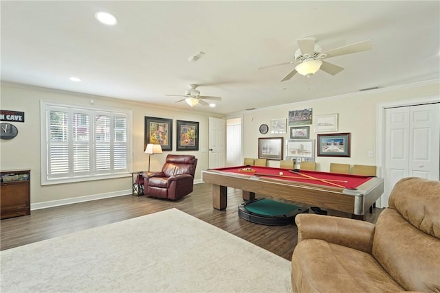 219 Abbott Ln, Saint Simons Island, GA 31522 - game room featuring ornamental molding, billiards, wood finished floors, ceiling fan, and recessed lighting