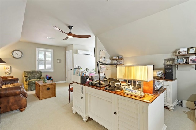 219 Abbott Ln, Saint Simons Island, GA 31522 - office featuring an AC wall unit, light carpet, lofted ceiling, and a ceiling fan
