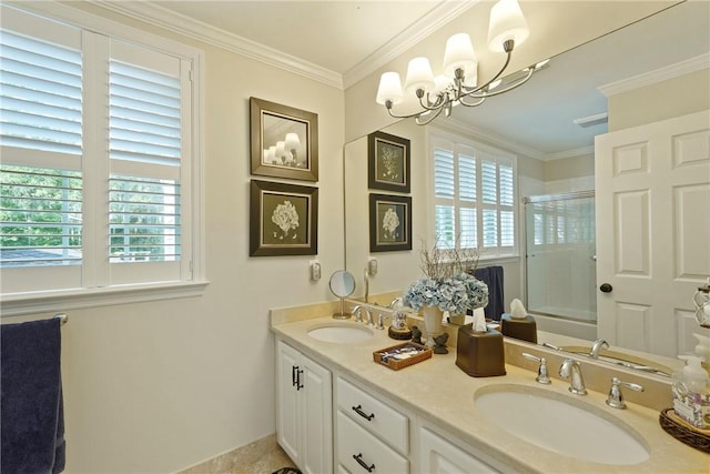 219 Abbott Ln, Saint Simons Island, GA 31522 - full bathroom featuring an enclosed shower, double vanity, ornamental molding, and a chandelier