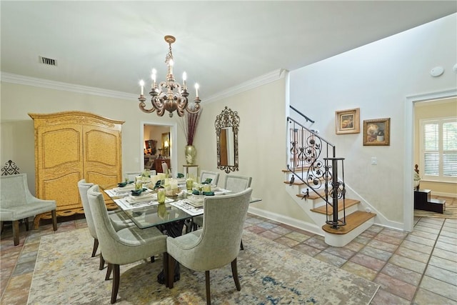 219 Abbott Ln, Saint Simons Island, GA 31522 - dining area featuring a chandelier, stairs, crown molding, and light stone finish flooring