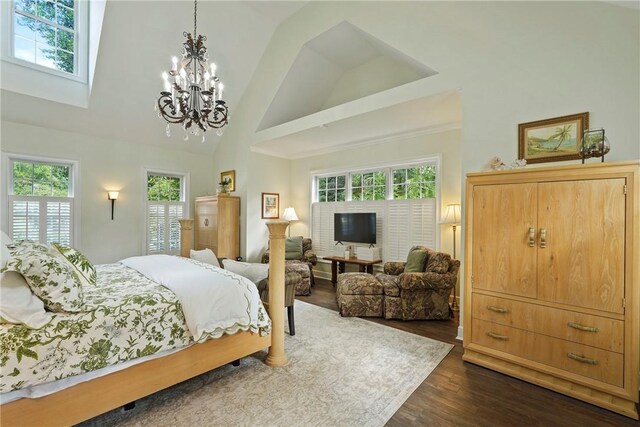 219 Abbott Ln, Saint Simons Island, GA 31522 - bedroom featuring dark wood finished floors, multiple windows, a chandelier, and high vaulted ceiling