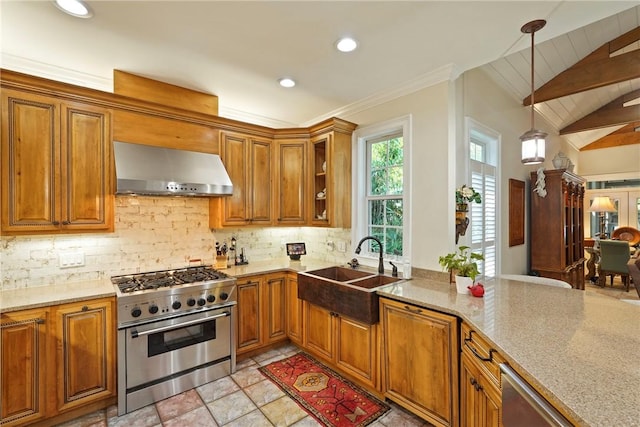 219 Abbott Ln, Saint Simons Island, GA 31522 - kitchen featuring high end stainless steel range, range hood, brown cabinets, recessed lighting, and ornamental molding