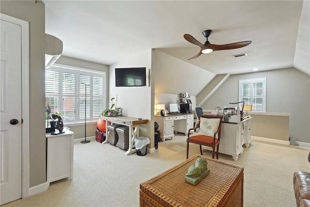 219 Abbott Ln, Saint Simons Island, GA 31522 - living room featuring lofted ceiling, light carpet, ceiling fan, and an office area