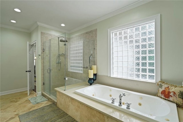 219 Abbott Ln, Saint Simons Island, GA 31522 - bathroom featuring a stall shower, a tub with jets, recessed lighting, and ornamental molding