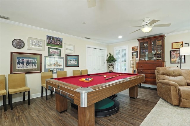 219 Abbott Ln, Saint Simons Island, GA 31522 - game room featuring a ceiling fan, dark wood finished floors, ornamental molding, pool table, and recessed lighting