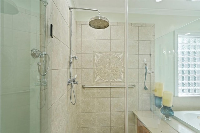 219 Abbott Ln, Saint Simons Island, GA 31522 - full bathroom with a stall shower, crown molding, and vanity