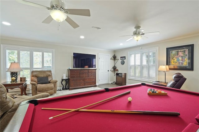 219 Abbott Ln, Saint Simons Island, GA 31522 - recreation room with billiards, a ceiling fan, crown molding, and recessed lighting