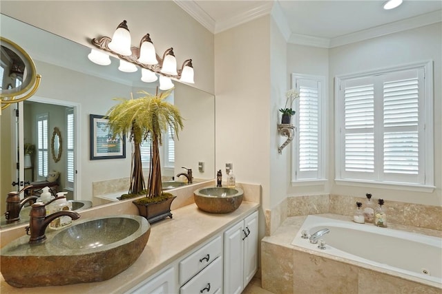 219 Abbott Ln, Saint Simons Island, GA 31522 - full bathroom featuring a bath, double vanity, and crown molding