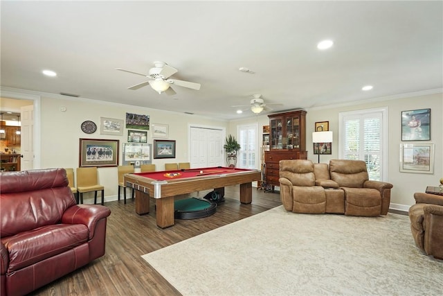 219 Abbott Ln, Saint Simons Island, GA 31522 - playroom with pool table, ornamental molding, wood finished floors, a ceiling fan, and recessed lighting