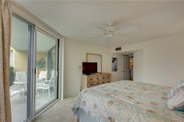 bedroom with access to exterior and ceiling fan