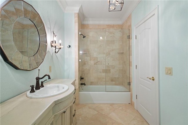 bathroom featuring tile patterned floors, enclosed tub / shower combo, ornamental molding, and vanity