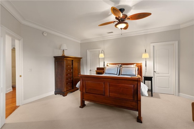 bedroom with light colored carpet, ceiling fan, and ornamental molding