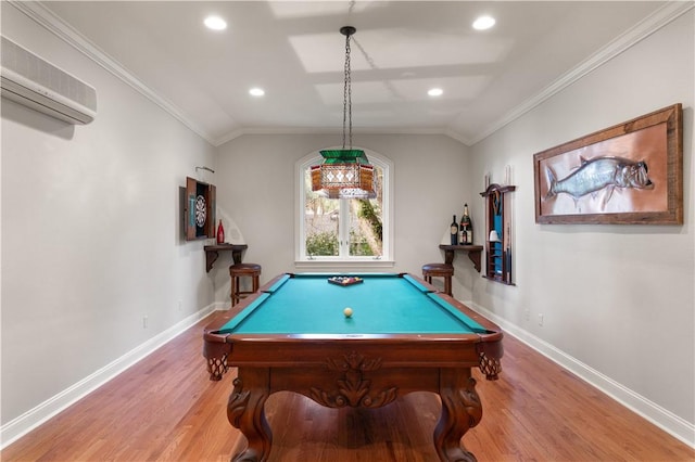 playroom featuring an AC wall unit, lofted ceiling, and crown molding