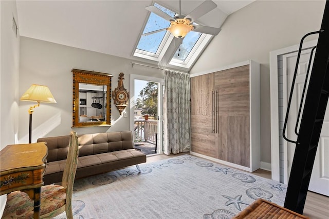 669 N Golf Villas, Saint Simons Island, GA 31522 - entryway featuring a skylight, a ceiling fan, high vaulted ceiling, and wood finished floors