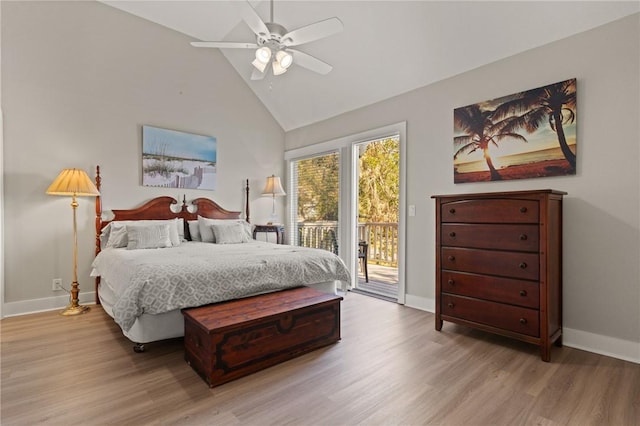 669 N Golf Villas, Saint Simons Island, GA 31522 - bedroom featuring access to exterior, wood finished floors, high vaulted ceiling, and a ceiling fan