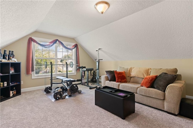 106 Hickory Pne, Brunswick, GA 31523 - exercise room featuring a textured ceiling, vaulted ceiling, carpet flooring, and baseboards