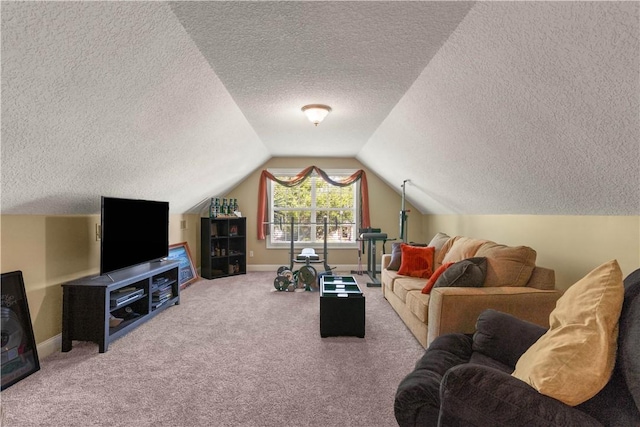 106 Hickory Pne, Brunswick, GA 31523 - carpeted living area featuring a textured ceiling, vaulted ceiling, and baseboards