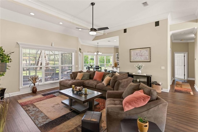 106 Hickory Pne, Brunswick, GA 31523 - living area with wood finished floors, ornamental molding, a chandelier, baseboards, and ceiling fan