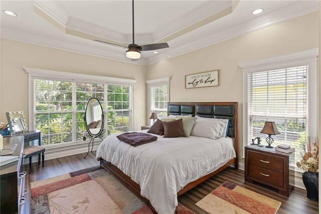 106 Hickory Pne, Brunswick, GA 31523 - bedroom with crown molding, dark wood-style floors, a raised ceiling, recessed lighting, and a ceiling fan