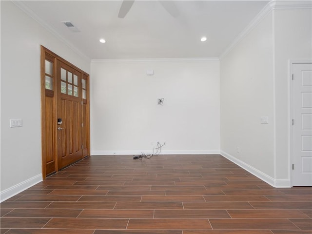 206 Placid Rd, Saint Marys, GA 31558 - entrance foyer featuring ceiling fan, dark wood-style floors, crown molding, and recessed lighting