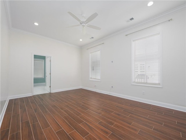 206 Placid Rd, Saint Marys, GA 31558 - spare room with a ceiling fan, dark wood-style flooring, crown molding, and recessed lighting