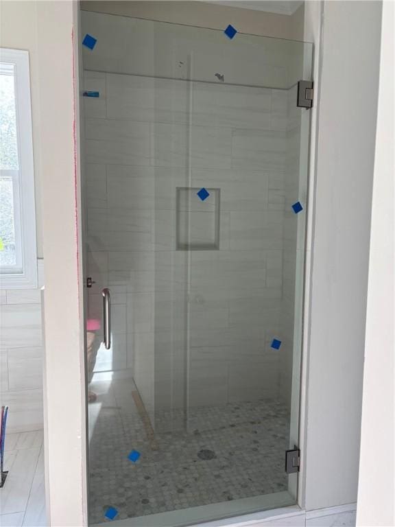 bathroom featuring a shower with door