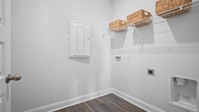 1037 Lakes Blvd, Brunswick, GA 31525 - laundry area featuring washer hookup, electric dryer hookup, electric panel, and dark wood-type flooring