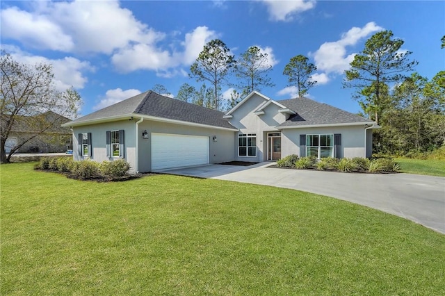 ranch-style house with a front yard and a garage