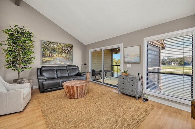 living room with high vaulted ceiling, plenty of natural light, and light hardwood / wood-style floors