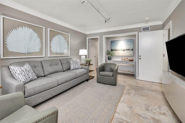 living room featuring crown molding and a textured ceiling