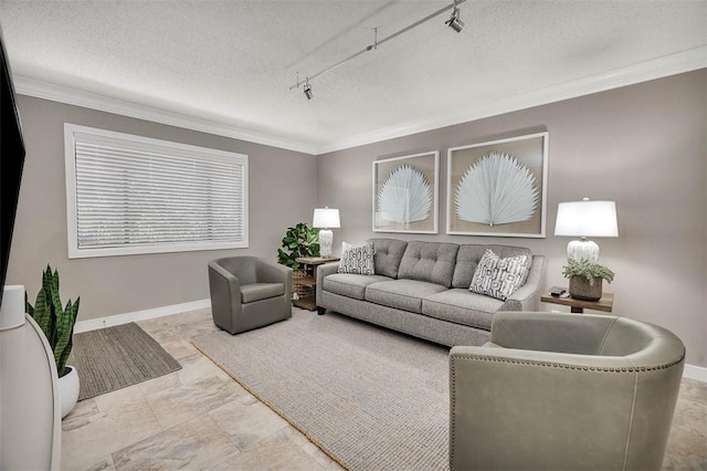 living room featuring ornamental molding, rail lighting, and a textured ceiling