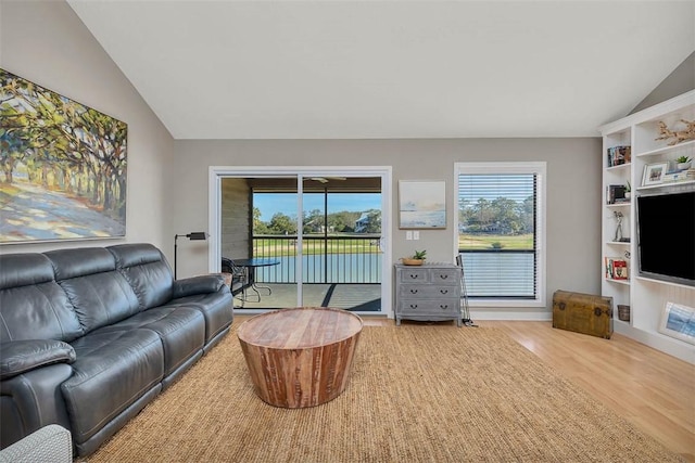 living room with lofted ceiling and hardwood / wood-style floors