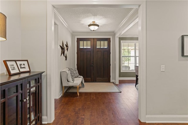 entrance foyer featuring wine cooler, dark hardwood / wood-style flooring, a textured ceiling, and ornamental molding