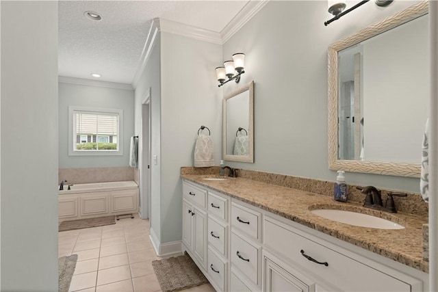 bathroom featuring vanity, a bath, tile patterned floors, crown molding, and a textured ceiling