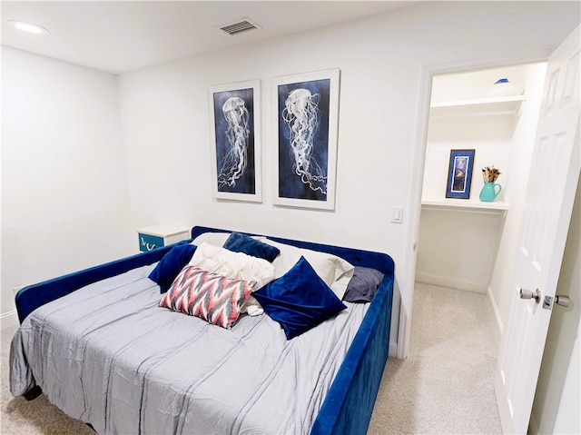 bedroom featuring recessed lighting, carpet, visible vents, and baseboards