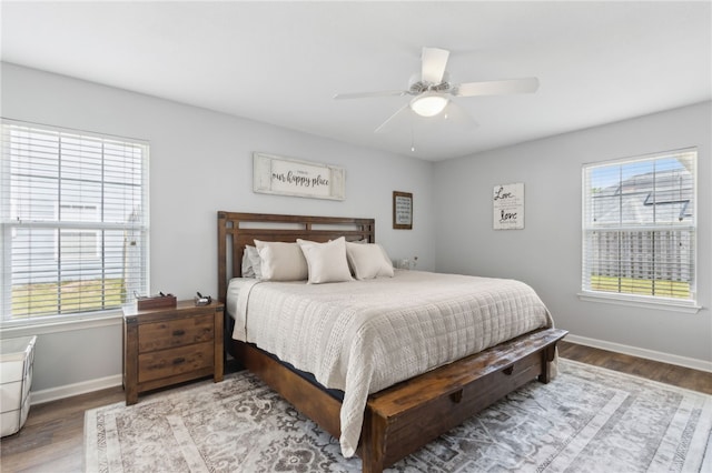 bedroom with multiple windows, wood finished floors, and baseboards