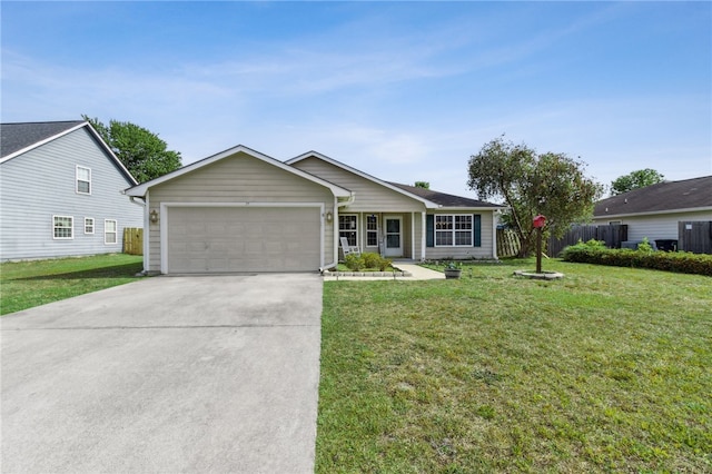 single story home with a front yard, driveway, an attached garage, and fence