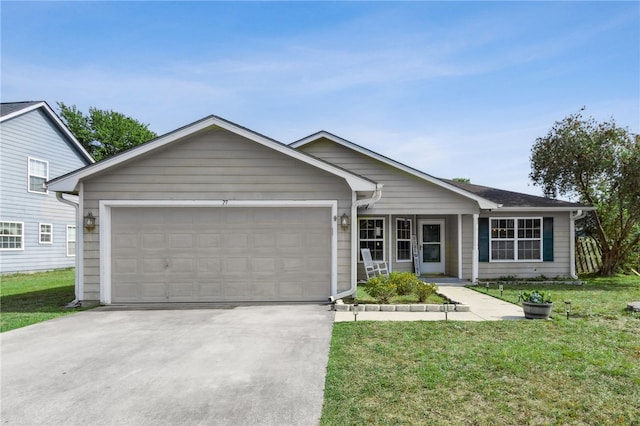 ranch-style house featuring a front yard, concrete driveway, and an attached garage