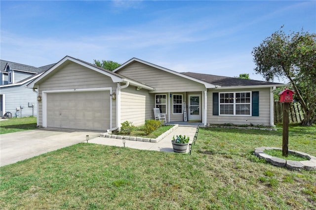 ranch-style home with driveway, fence, a front lawn, and an attached garage