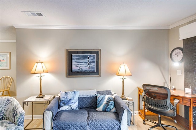 850 Mallery St Unit 4S, Saint Simons Island, GA 31522 - living area with light wood-style floors, ornamental molding, baseboards, and an office area