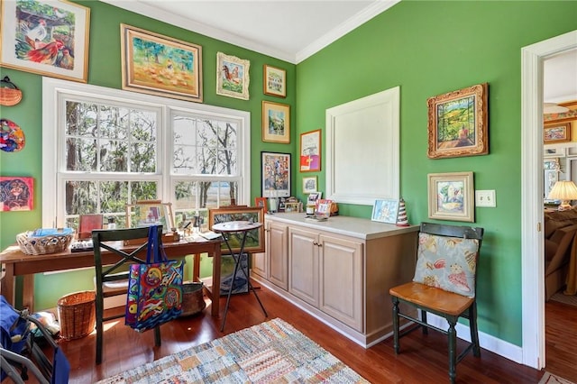 interior space with baseboards, ornamental molding, and dark wood-type flooring