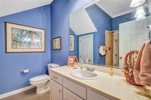 bathroom with baseboards, a shower with shower curtain, toilet, tile patterned flooring, and vanity