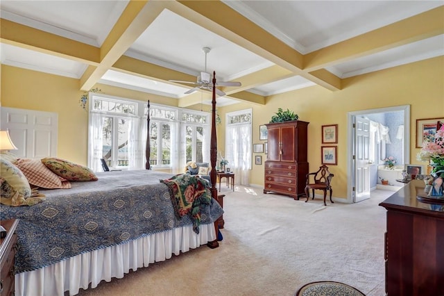 bedroom with baseboards, coffered ceiling, beamed ceiling, and carpet flooring